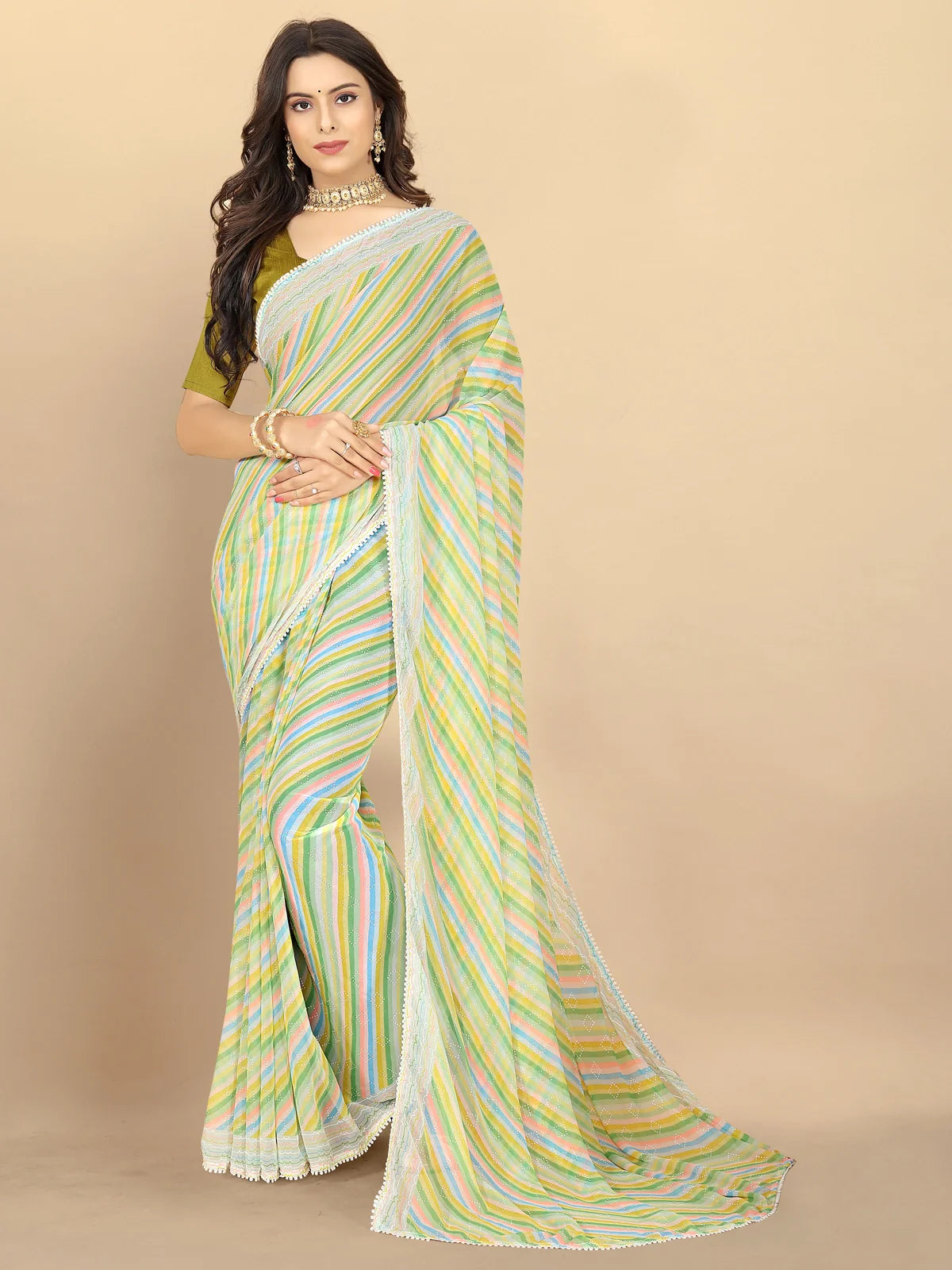 Buy Leheria Striped Georgette Saree With Blouse Piece-Green