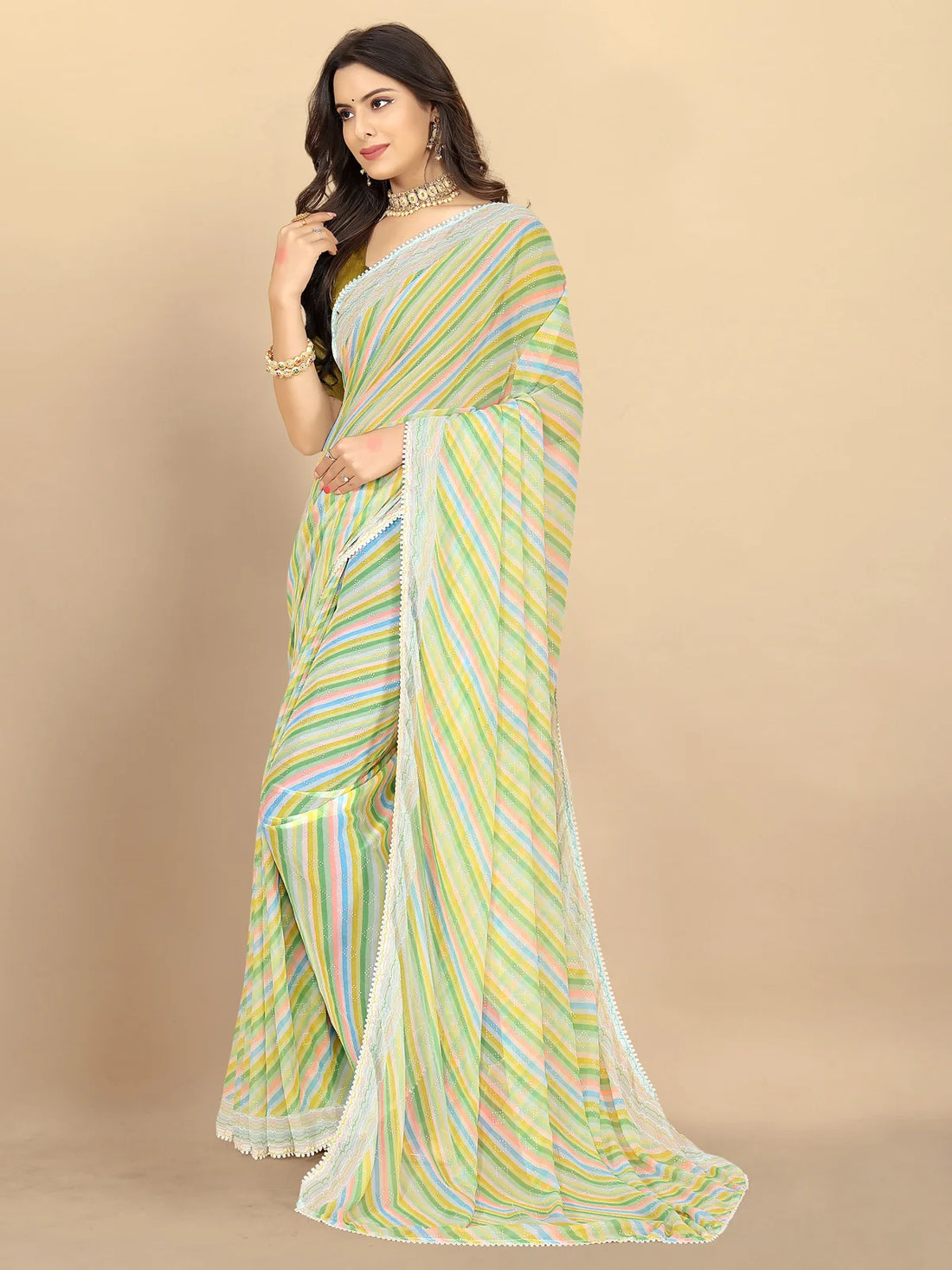 Buy Leheria Striped Georgette Saree With Blouse Piece-Green