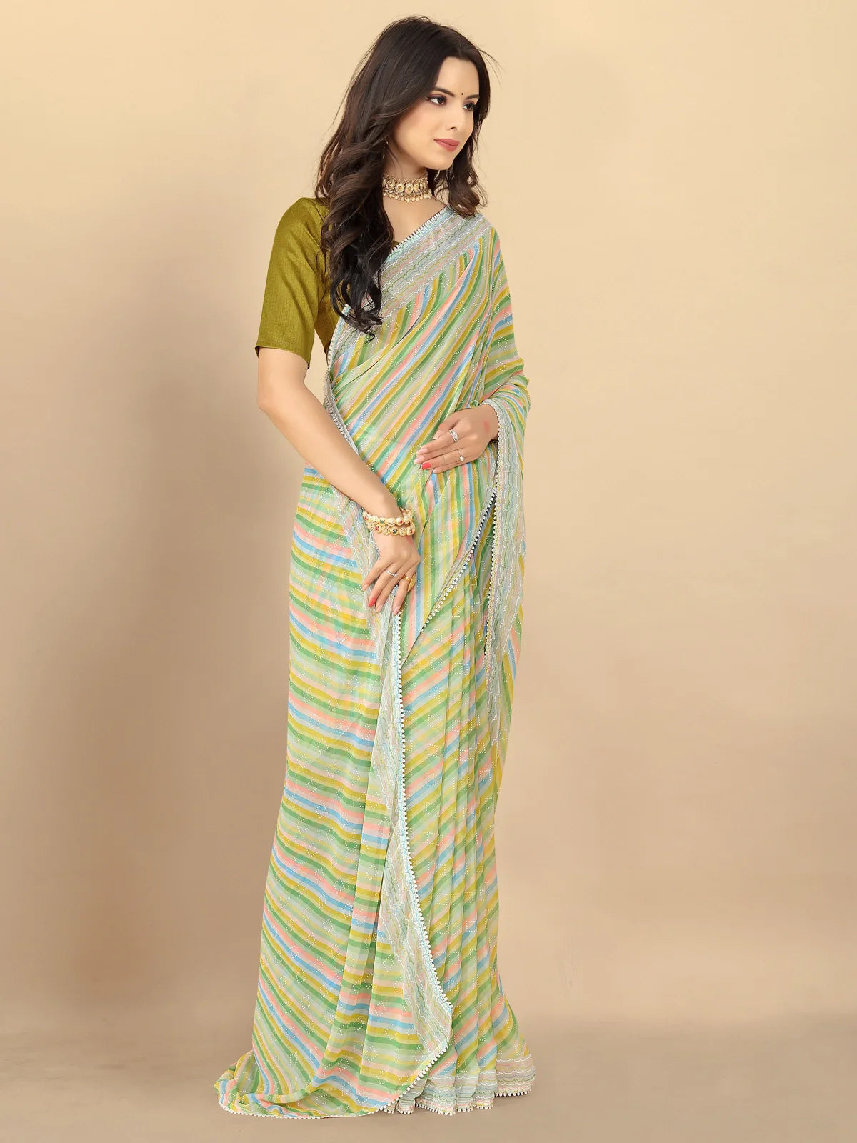 Buy Leheria Striped Georgette Saree With Blouse Piece-Green