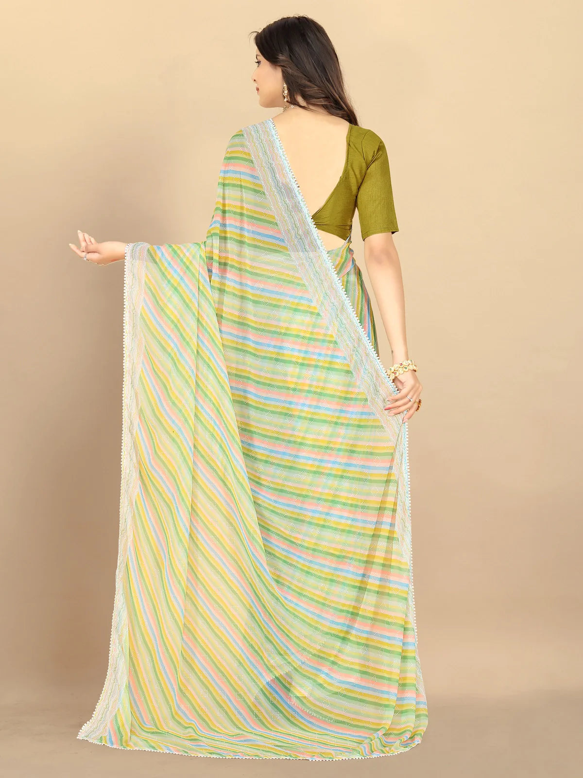 Buy Leheria Striped Georgette Saree With Blouse Piece-Green