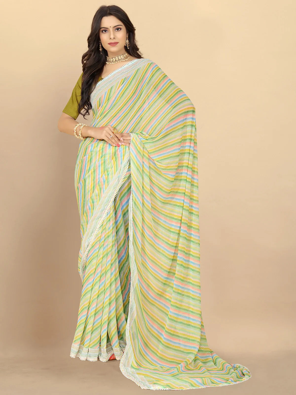 Buy Leheria Striped Georgette Saree With Blouse Piece-Green