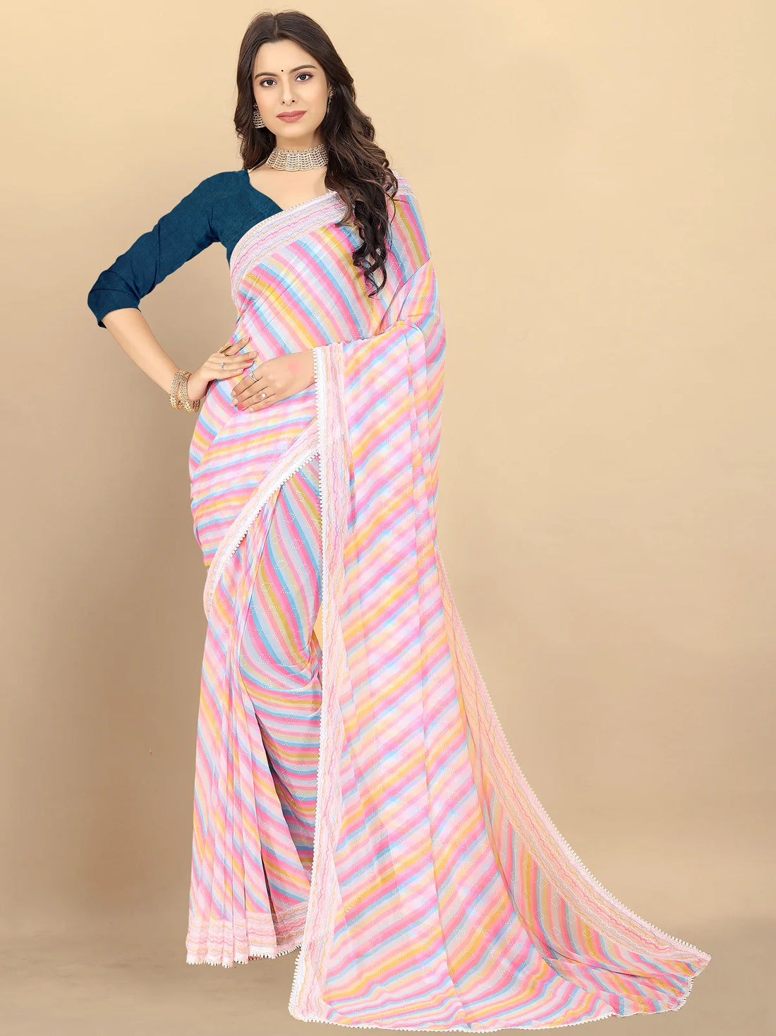 Buy Leheria Striped Georgette Saree With Blouse Piece-Pink