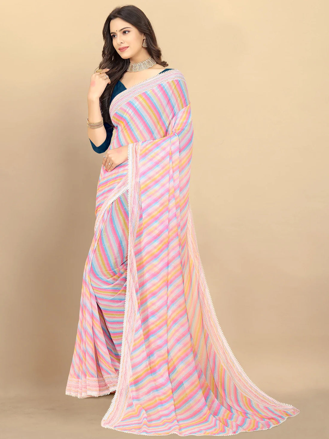 Buy Leheria Striped Georgette Saree With Blouse Piece-Pink