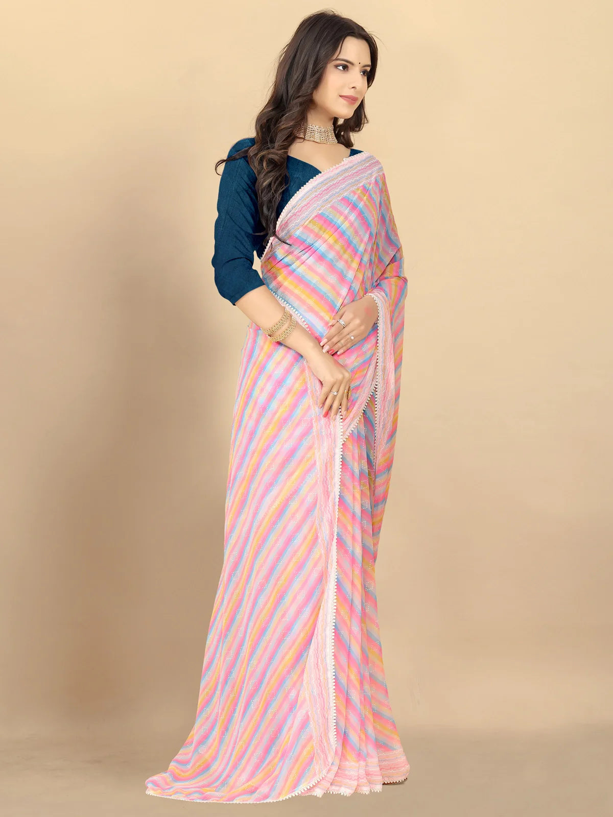 Buy Leheria Striped Georgette Saree With Blouse Piece-Pink