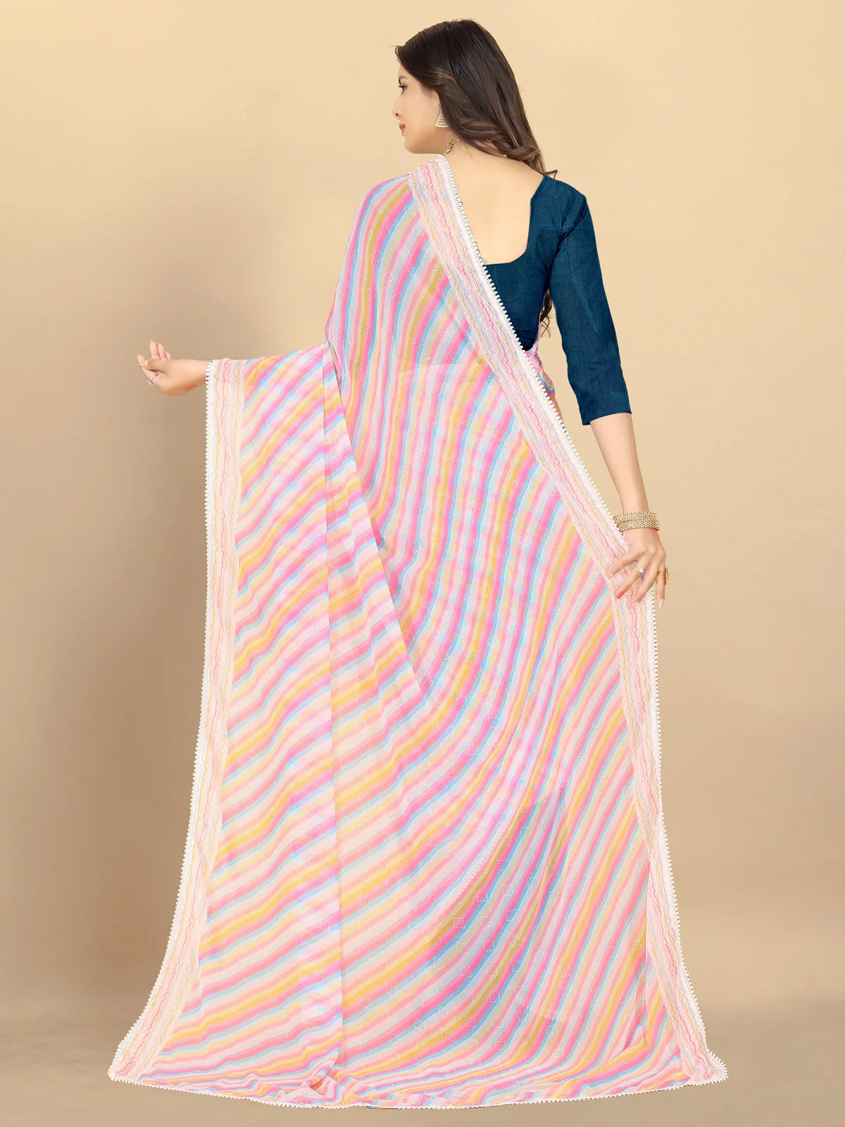 Buy Leheria Striped Georgette Saree With Blouse Piece-Pink