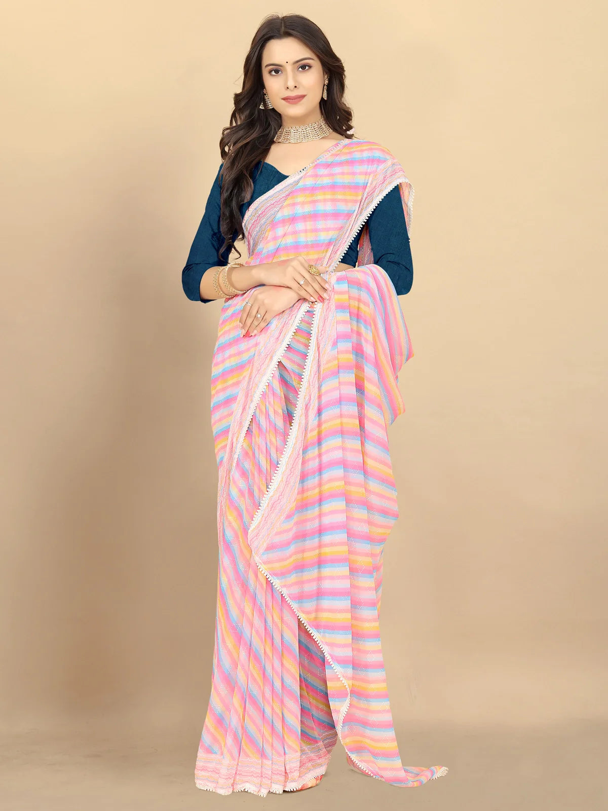 Buy Leheria Striped Georgette Saree With Blouse Piece-Pink