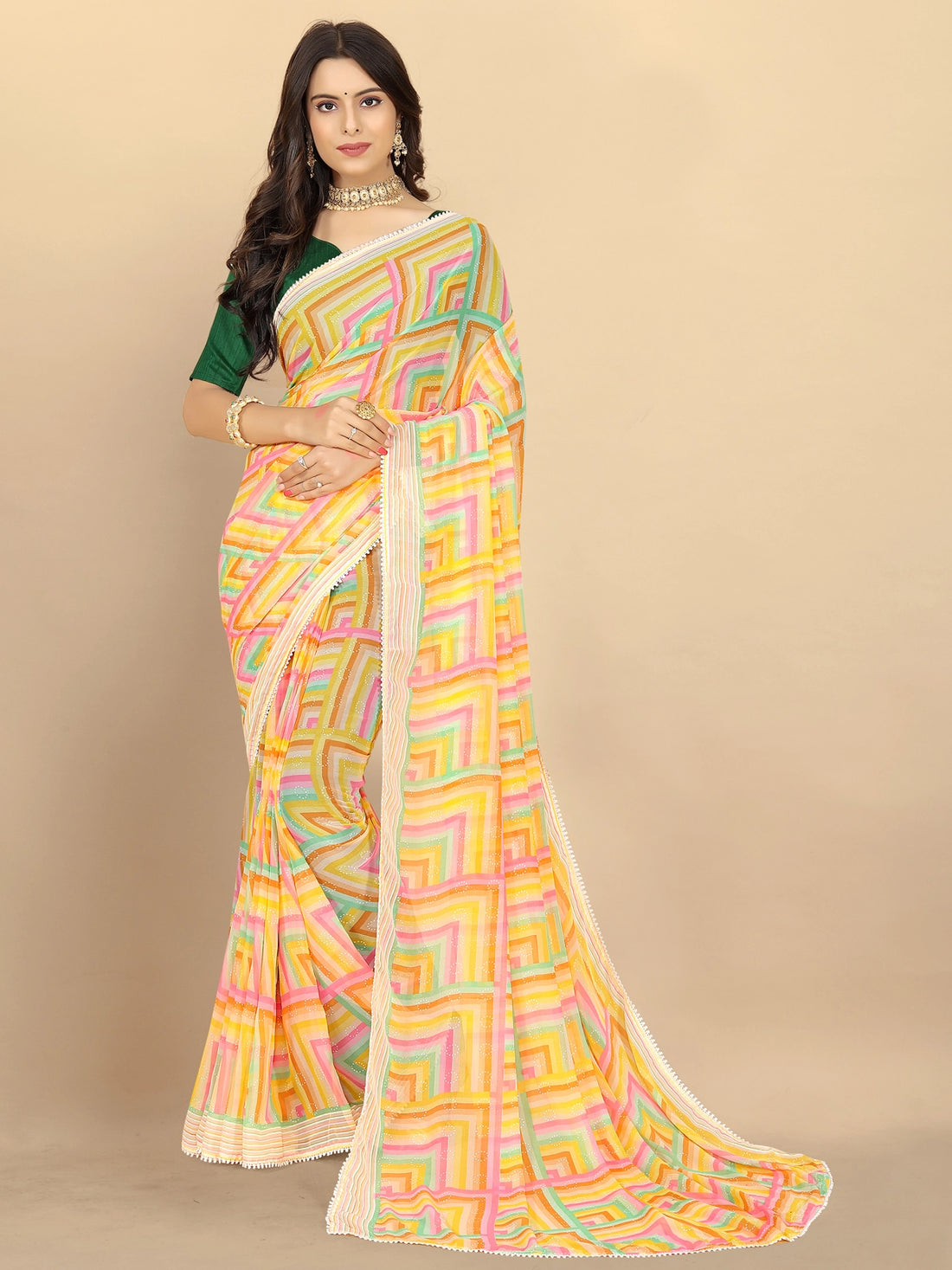 Buy Abstract Printed Georgette Saree With Blouse Piece-Yellow