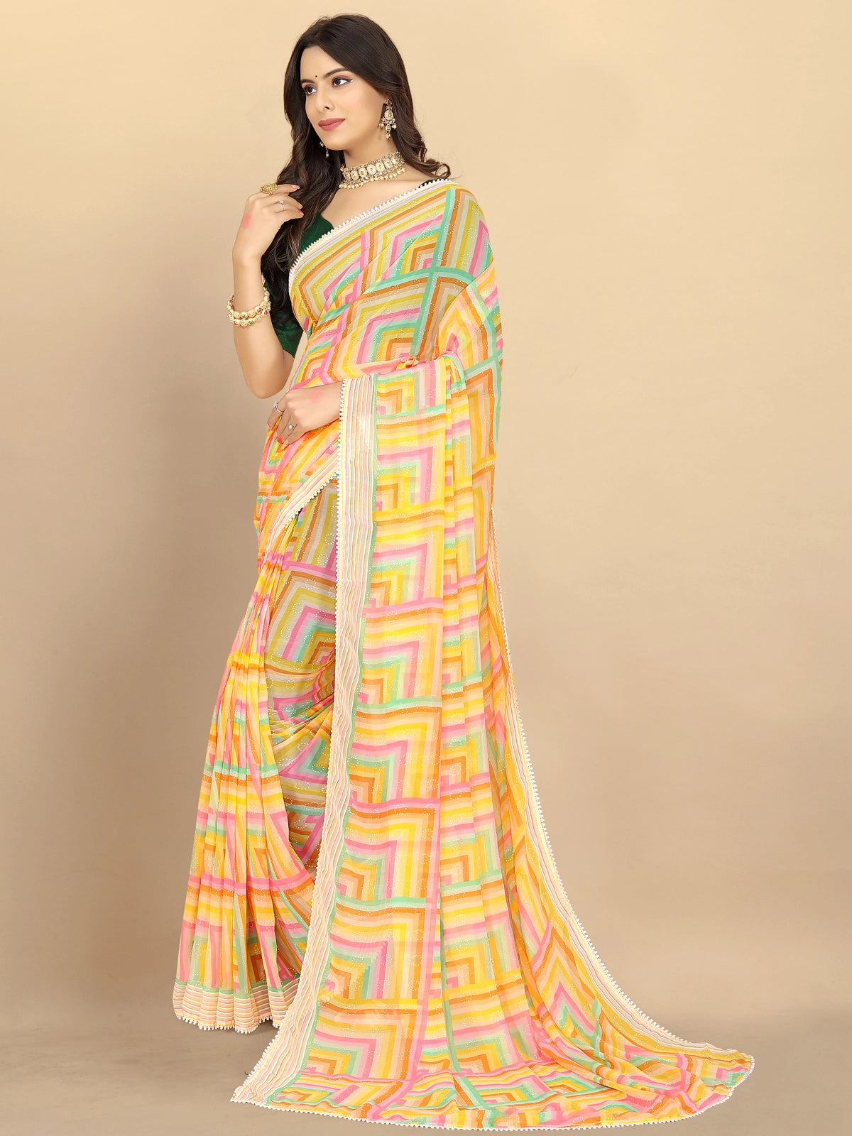 Buy Abstract Printed Georgette Saree With Blouse Piece-Yellow