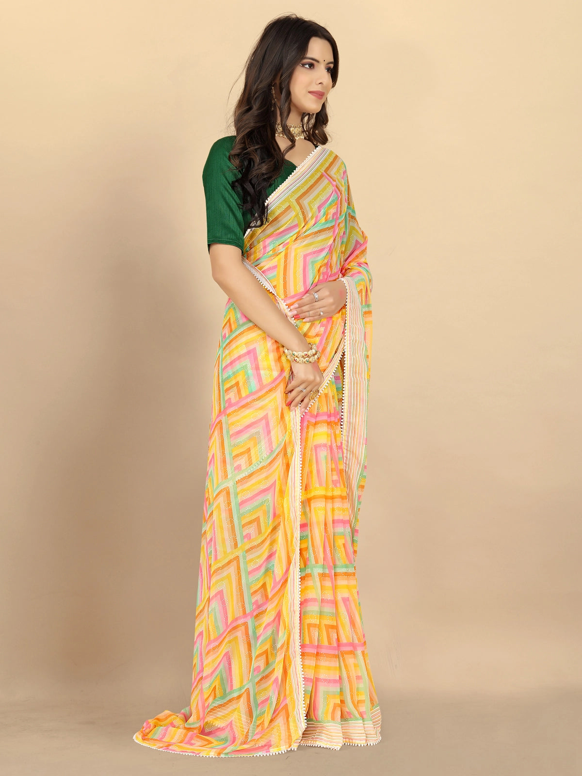 Buy Abstract Printed Georgette Saree With Blouse Piece-Yellow