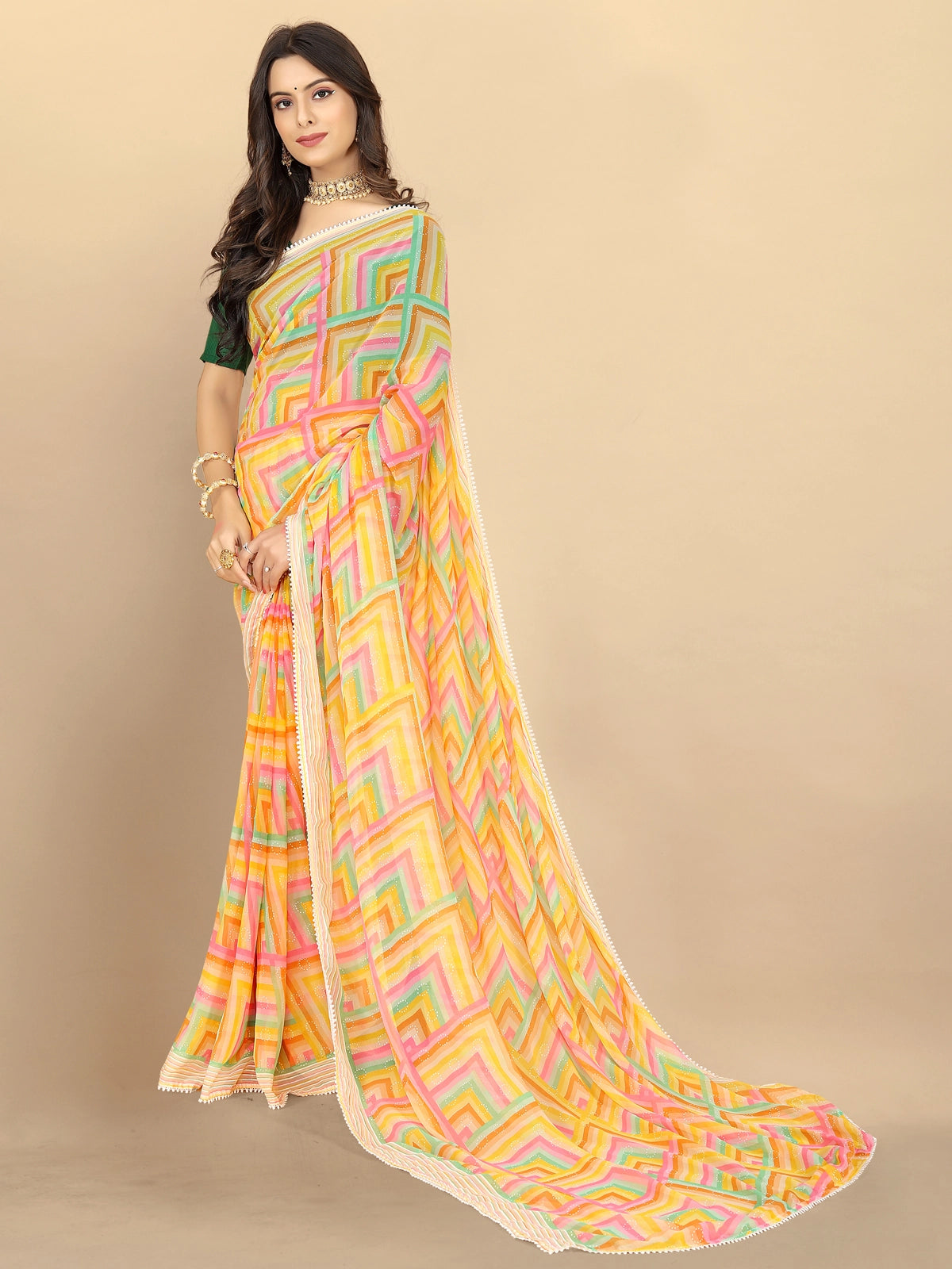 Buy Abstract Printed Georgette Saree With Blouse Piece-Yellow