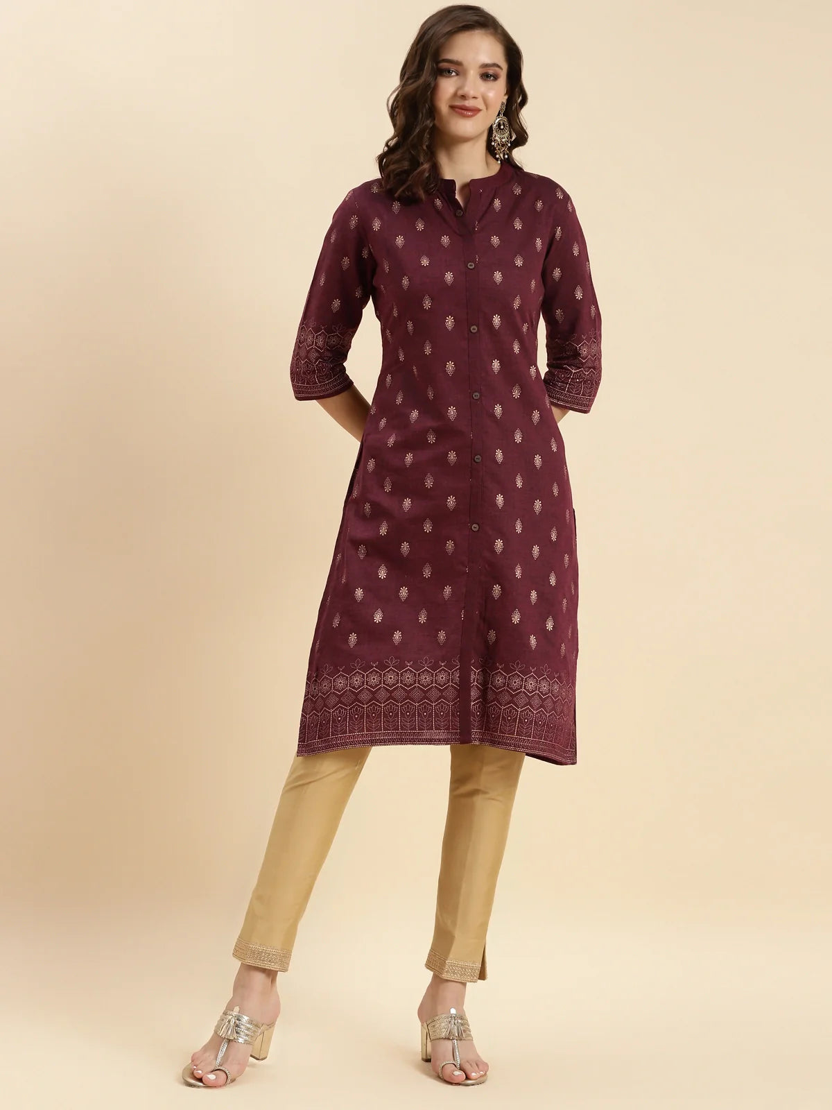 Buy Cotton Printed Knee Length Front Slit Kurta-Red