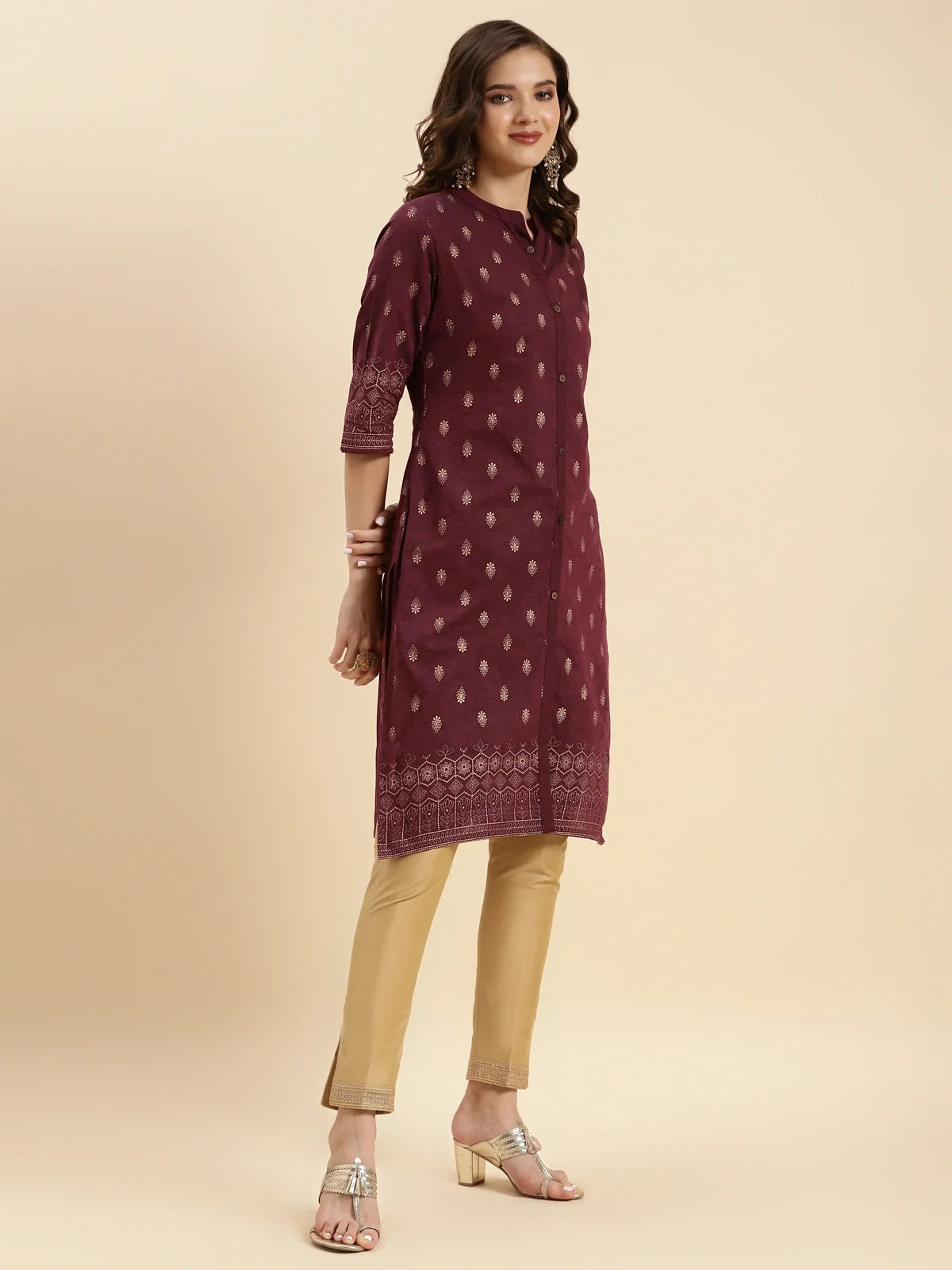 Buy Cotton Printed Knee Length Front Slit Kurta-Red