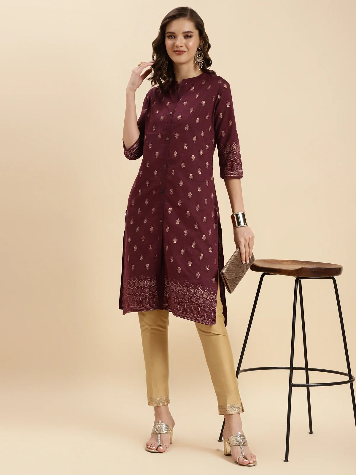 Buy Cotton Printed Knee Length Front Slit Kurta-Red