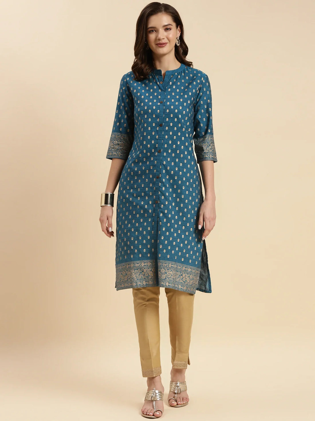 Buy Cotton Printed Knee Length Front Slit Kurta-Teal