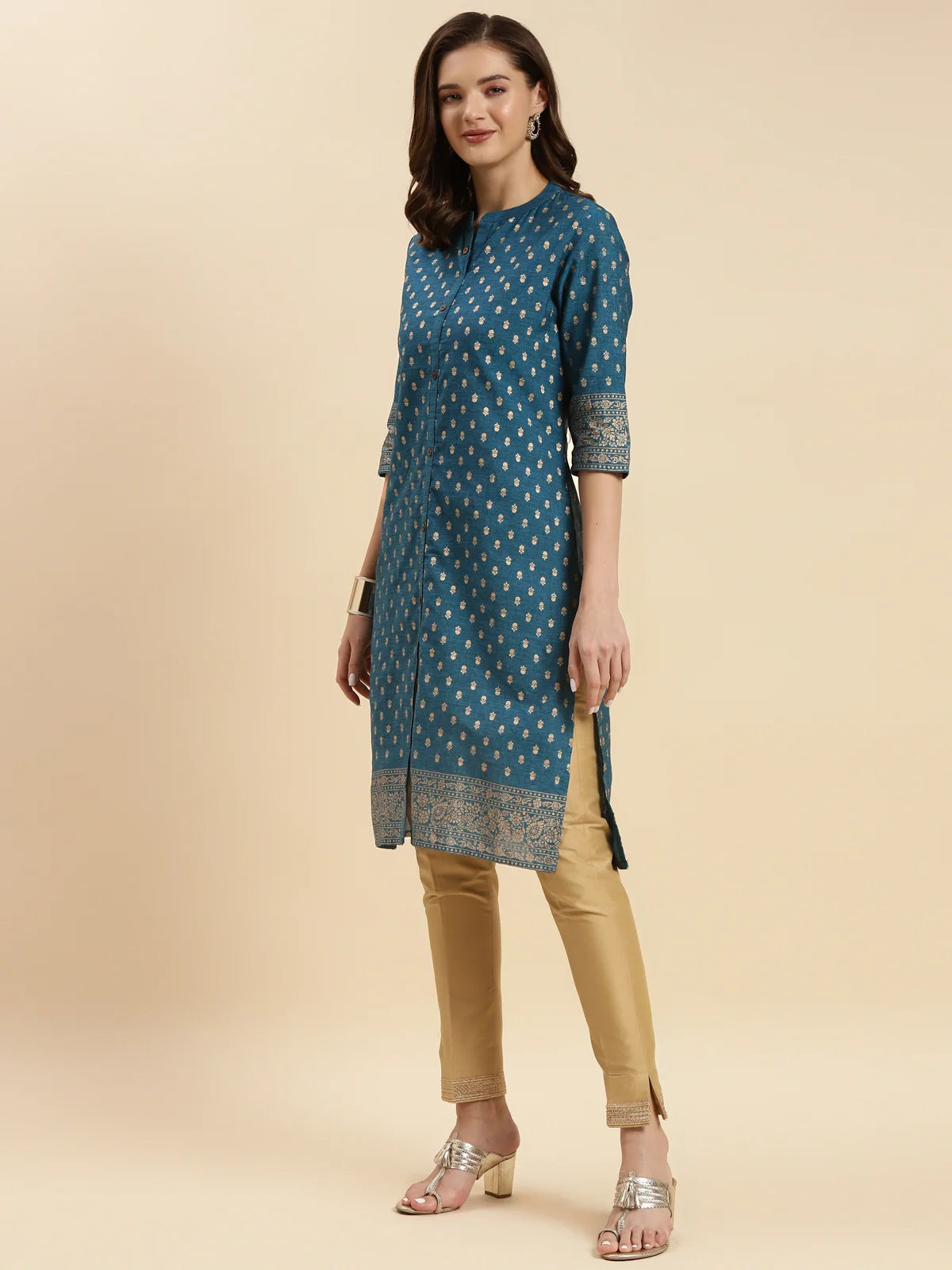 Buy Cotton Printed Knee Length Front Slit Kurta-Teal