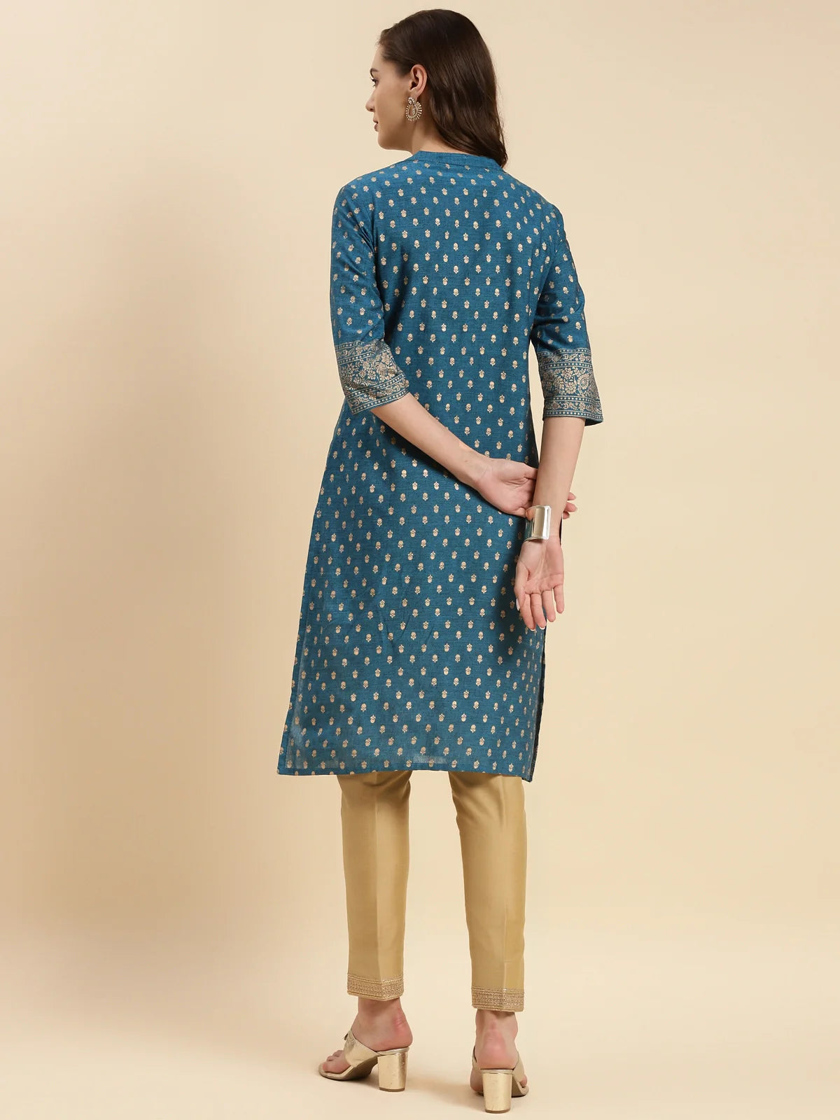 Buy Cotton Printed Knee Length Front Slit Kurta-Teal