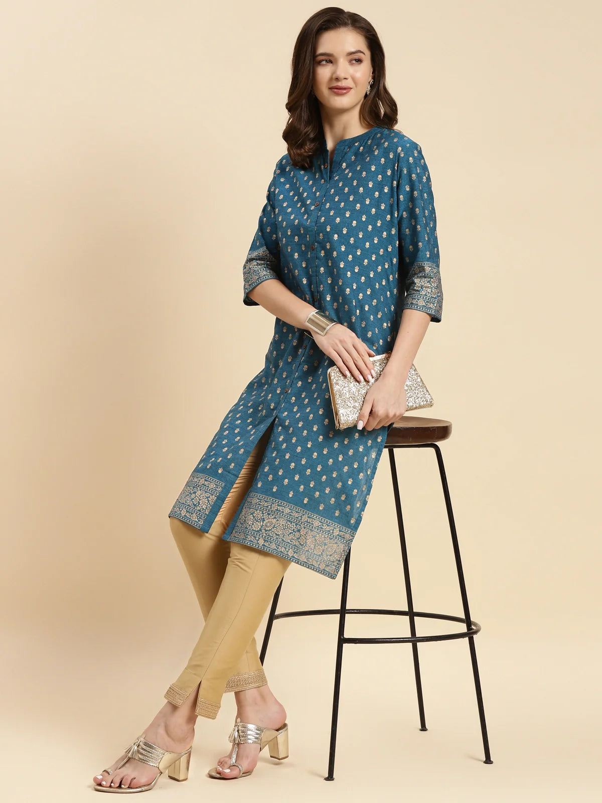 Buy Cotton Printed Knee Length Front Slit Kurta-Teal