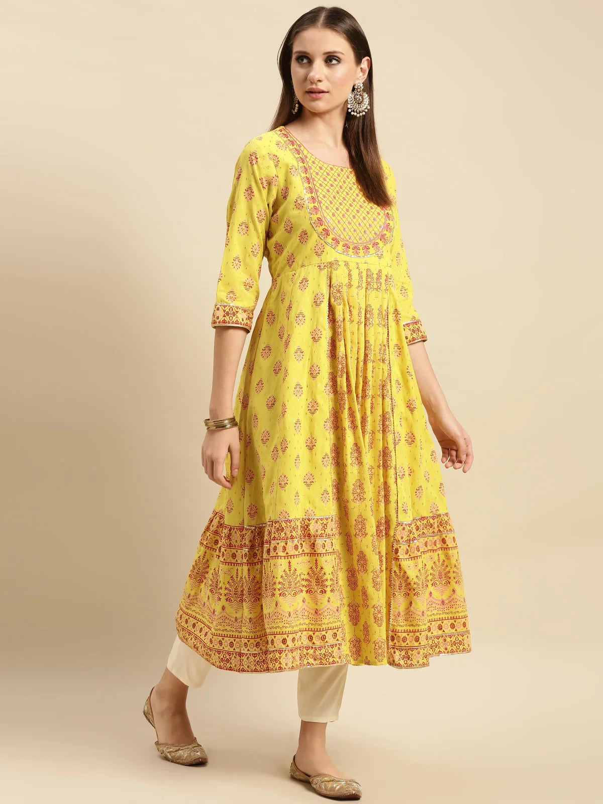 Buy Cotton Contrast Placket Ethnic Printed Calf Length Anarkali Kurta-Green