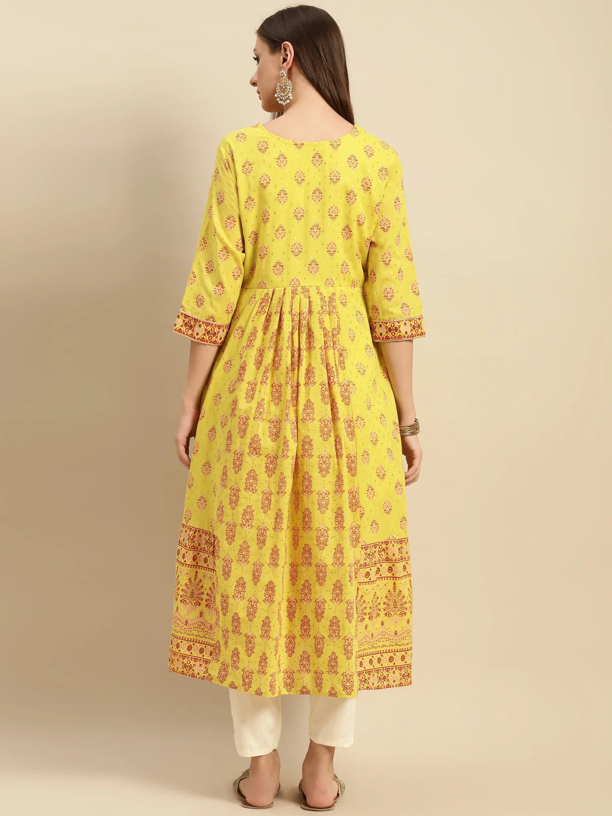 Buy Cotton Contrast Placket Ethnic Printed Calf Length Anarkali Kurta-Green