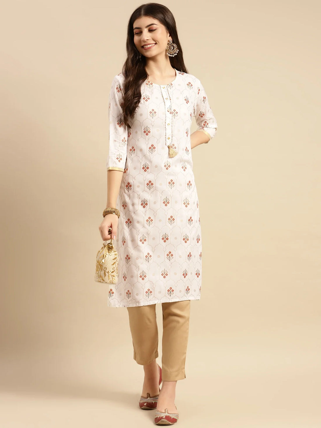 Buy Rayon Floral Printed Calf Length Straight Kurta With Pant-White