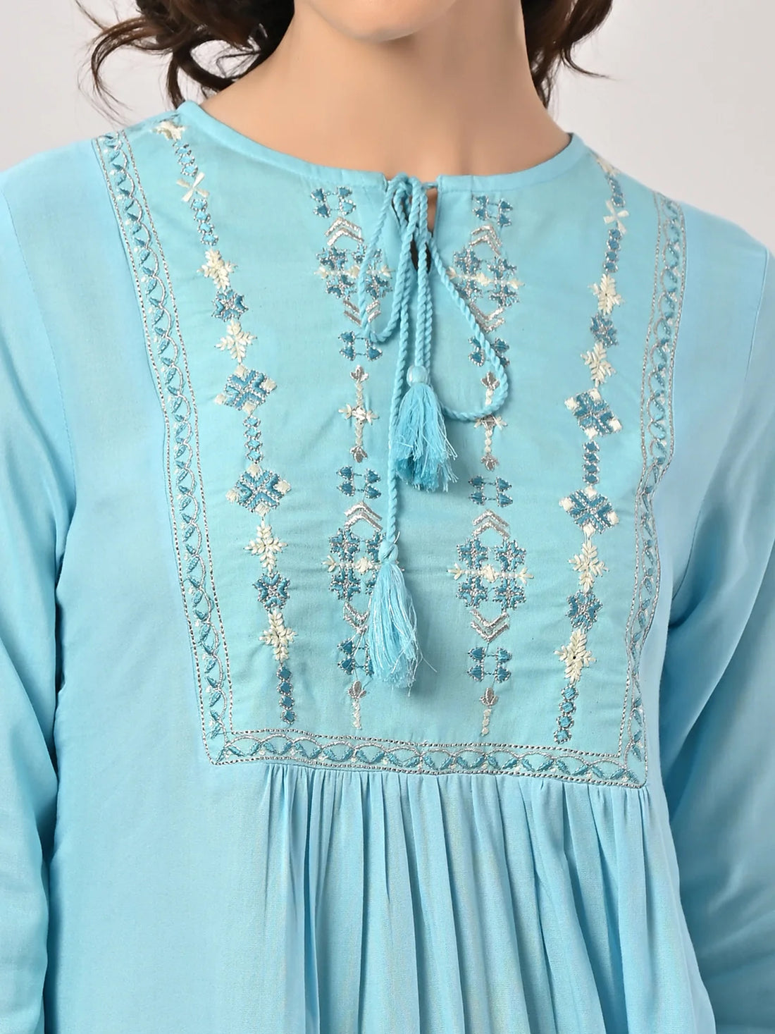 Buy Rayon Yoke Embroidered Calf Length Flared Kurta-Light Blue