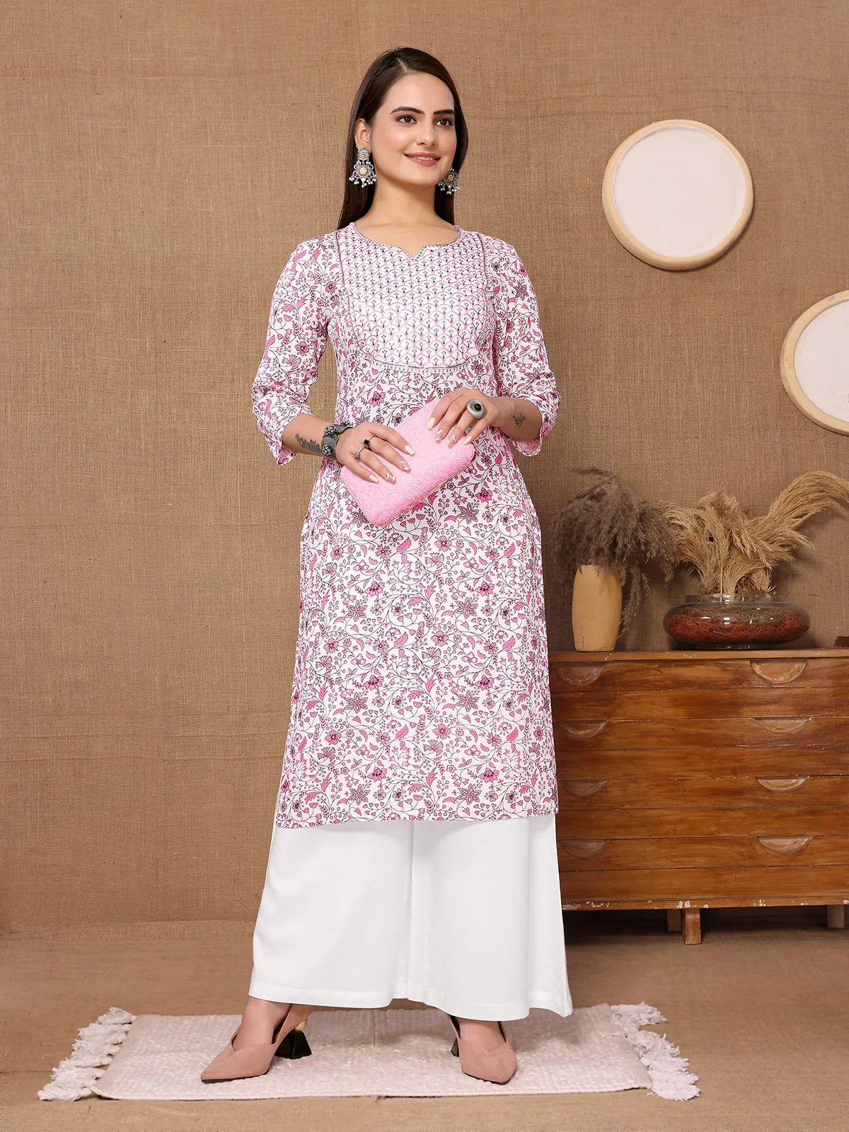 Buy Rayon Embroidered Knee Length Straight Kurta-Pink