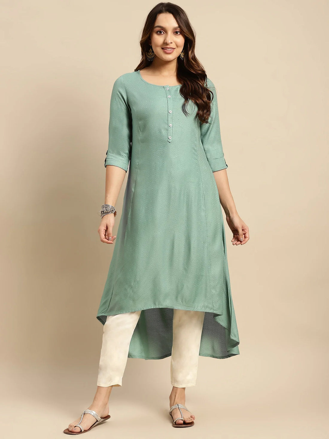 Buy Rayon Self Textured Calf Length High-Low Kurta-Green
