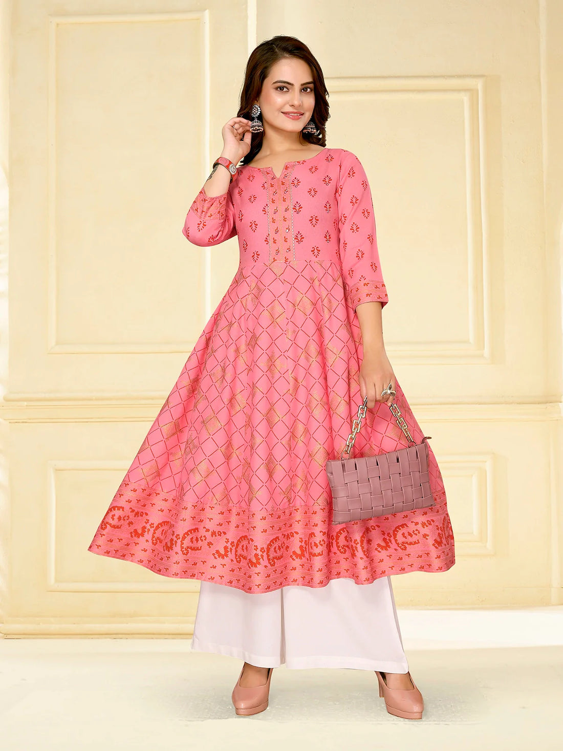 Buy Rayon Embellished Calf Length Anarkali Kurta-Coral