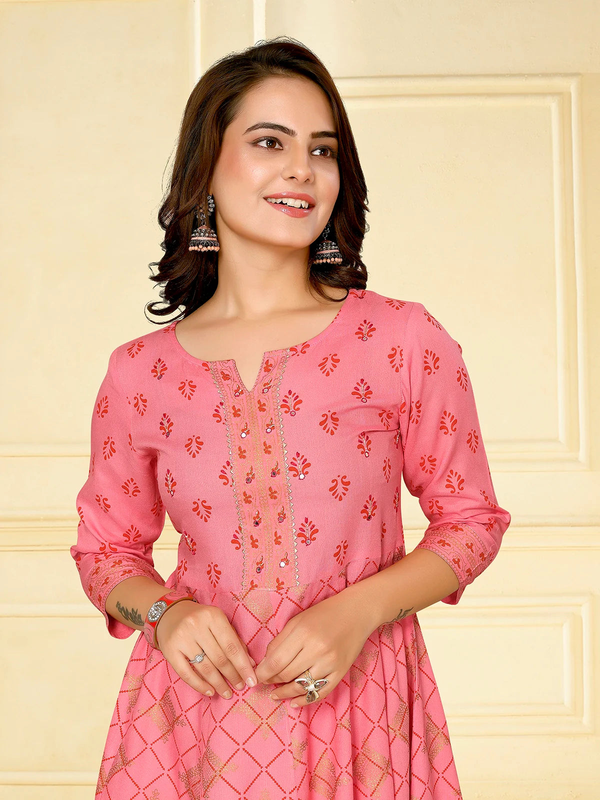 Buy Rayon Embellished Calf Length Anarkali Kurta-Coral