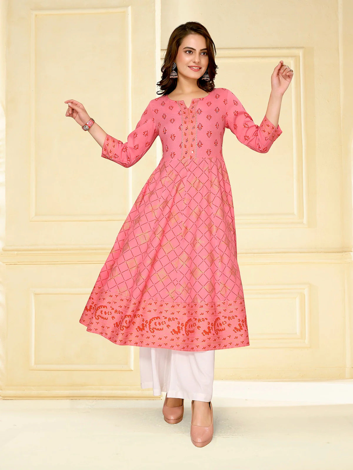 Buy Rayon Embellished Calf Length Anarkali Kurta-Coral