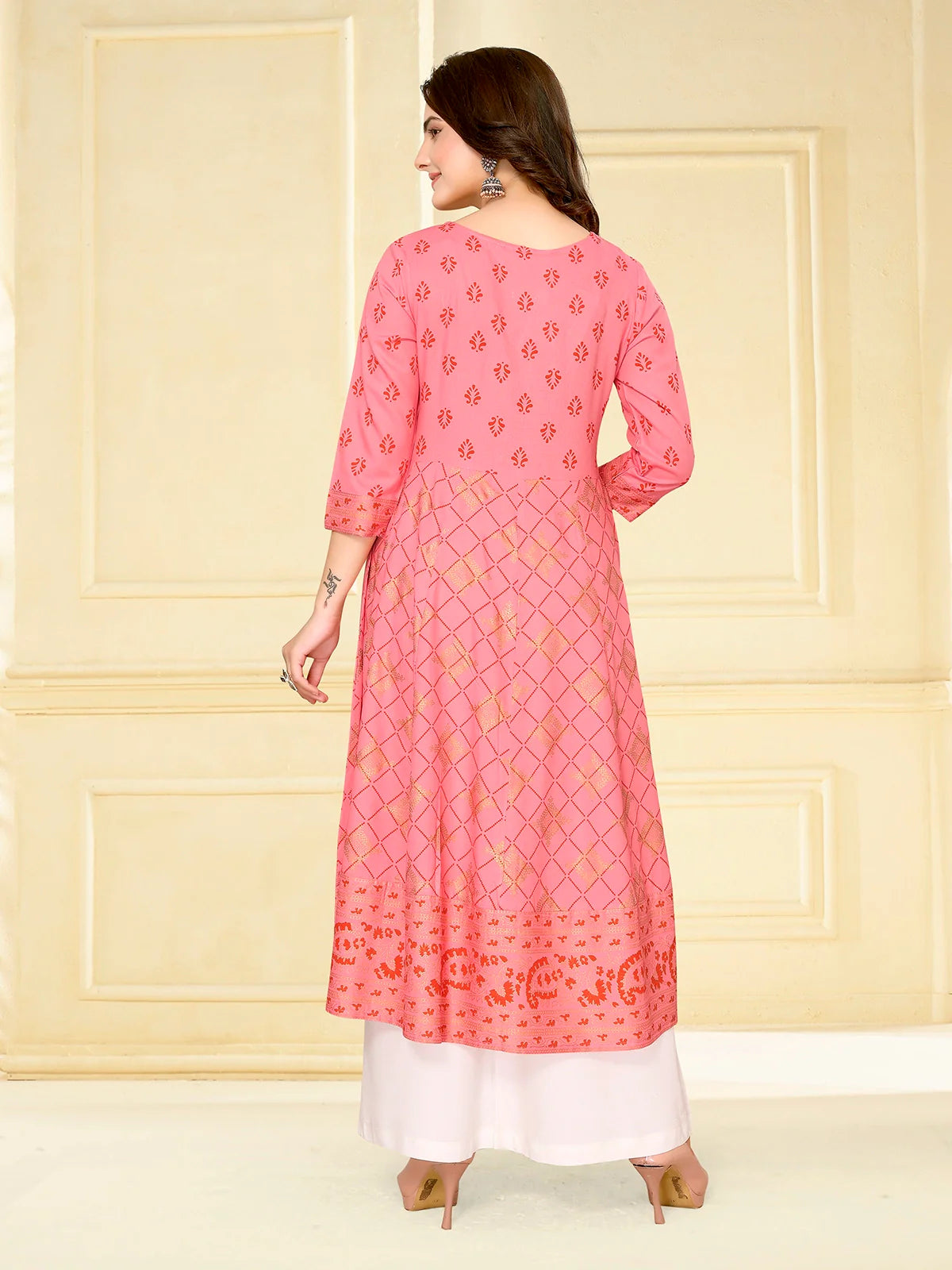 Buy Rayon Embellished Calf Length Anarkali Kurta-Coral