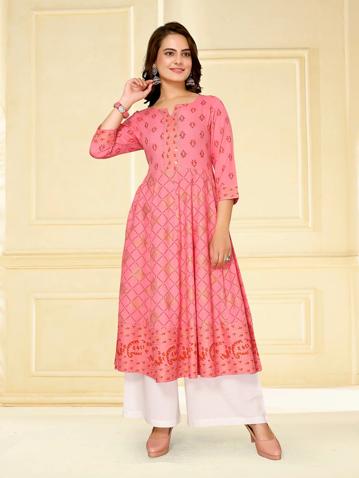 Buy Rayon Embellished Calf Length Anarkali Kurta-Coral