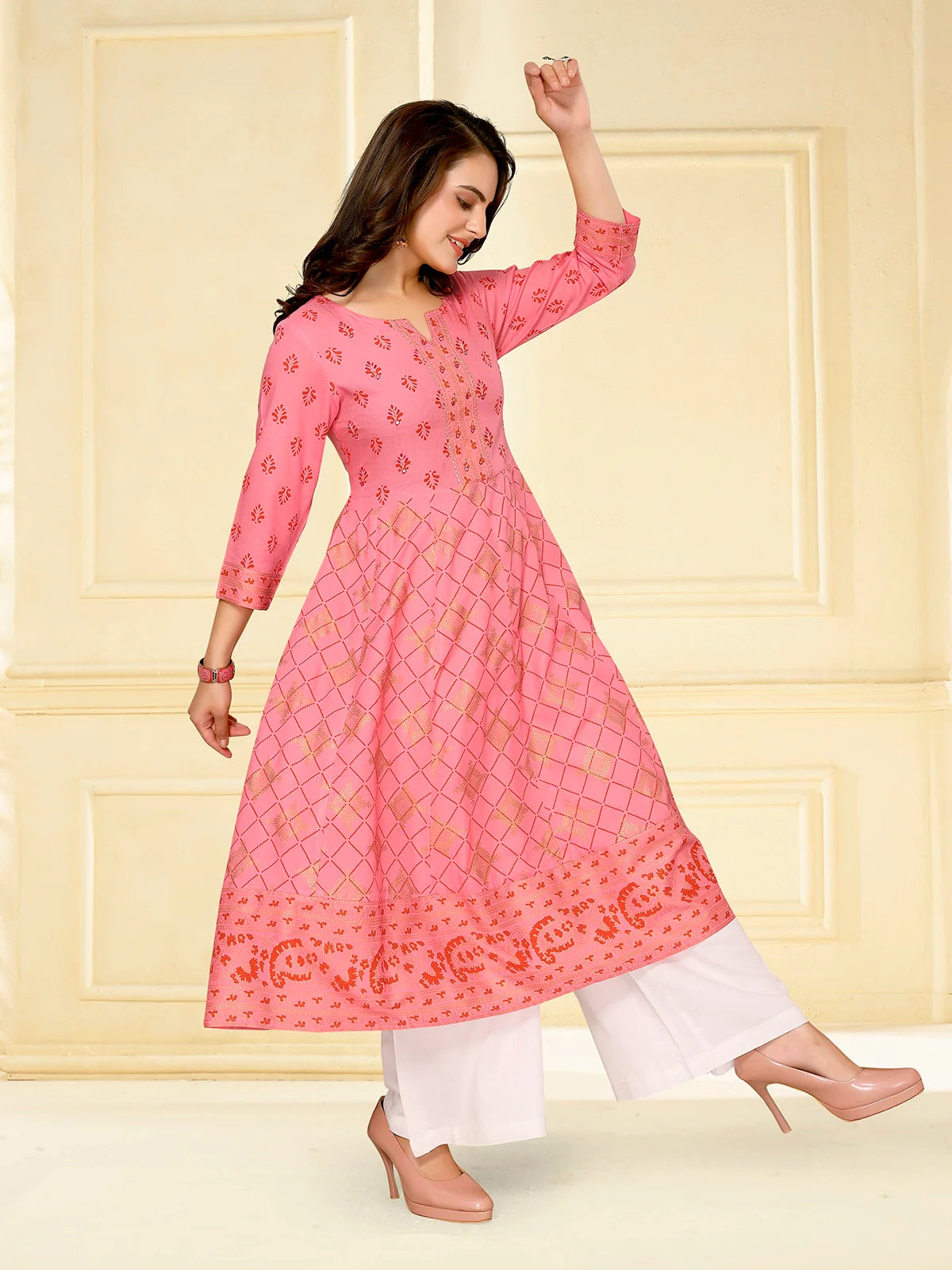 Buy Rayon Embellished Calf Length Anarkali Kurta-Coral