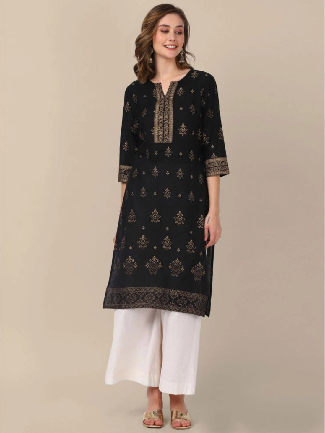 Buy 100% Cotton Gold Printed Knee Length Straight Kurta-Black