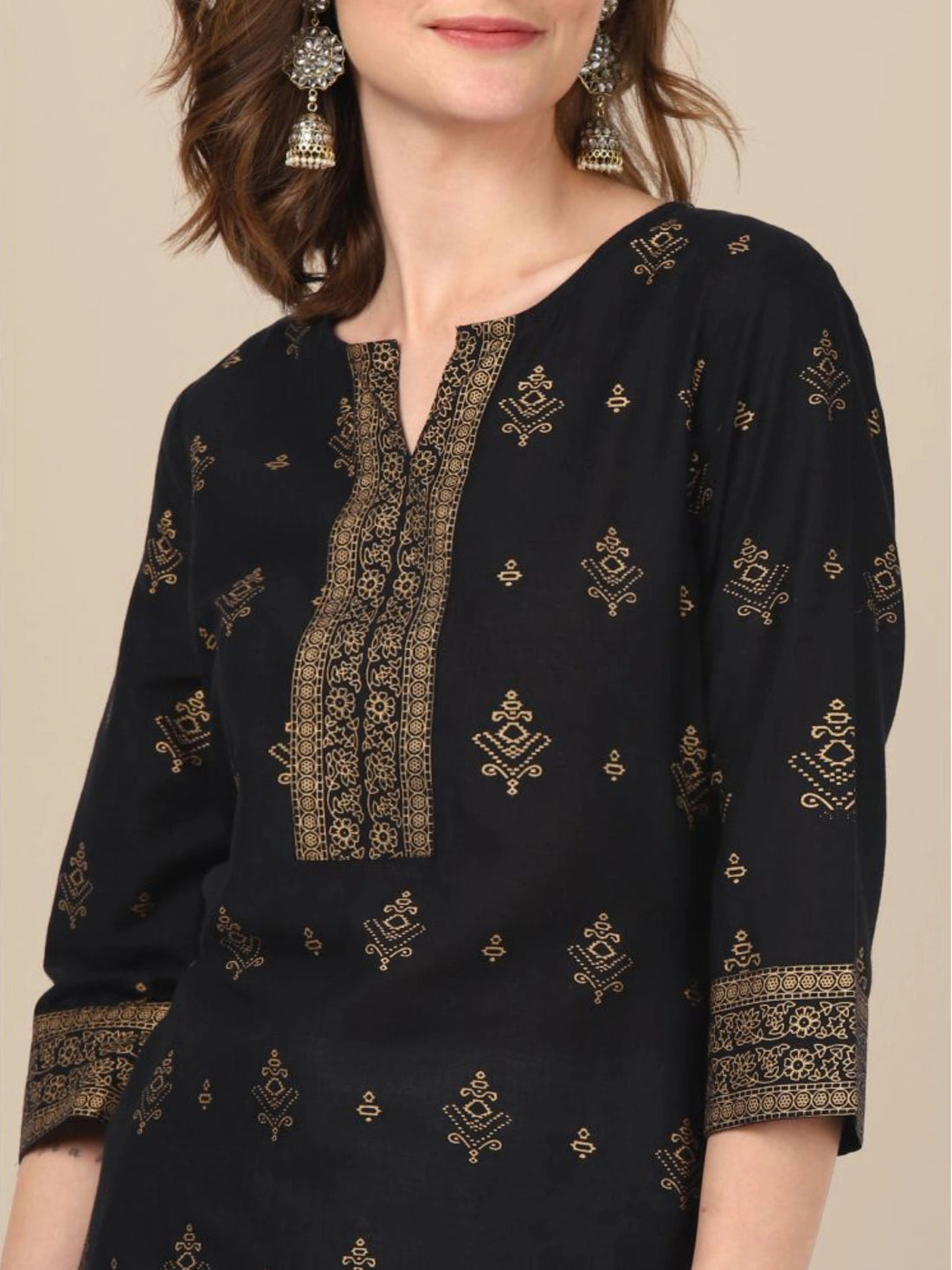 Buy 100% Cotton Gold Printed Knee Length Straight Kurta-Black