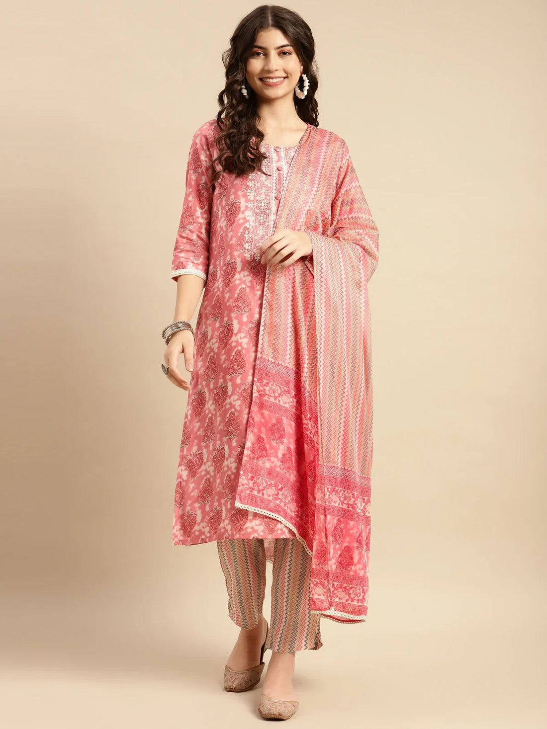 Buy 100% Cotton Yoke Embroidered Ethnic Print Calf Length Straight Kurta With Pant And Dupatta-Peach