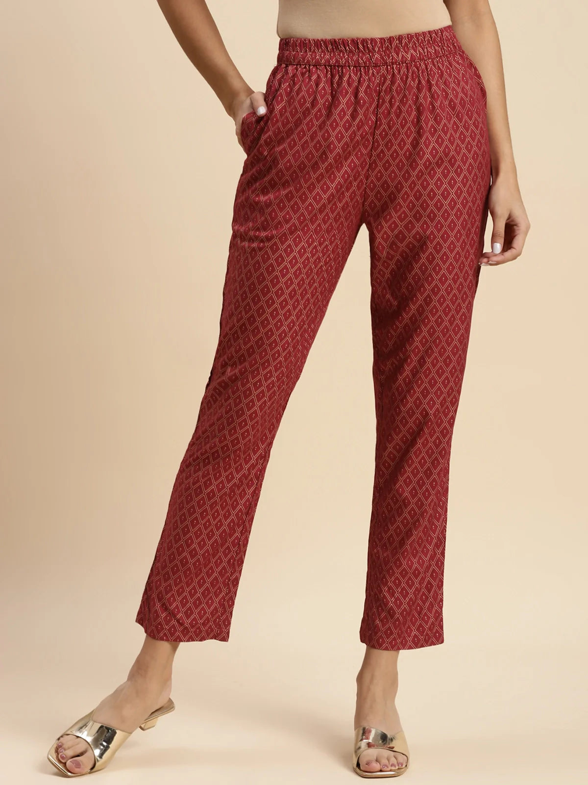 Buy Rayon Gold Printed Ankle Length Straight Pant-Maroon