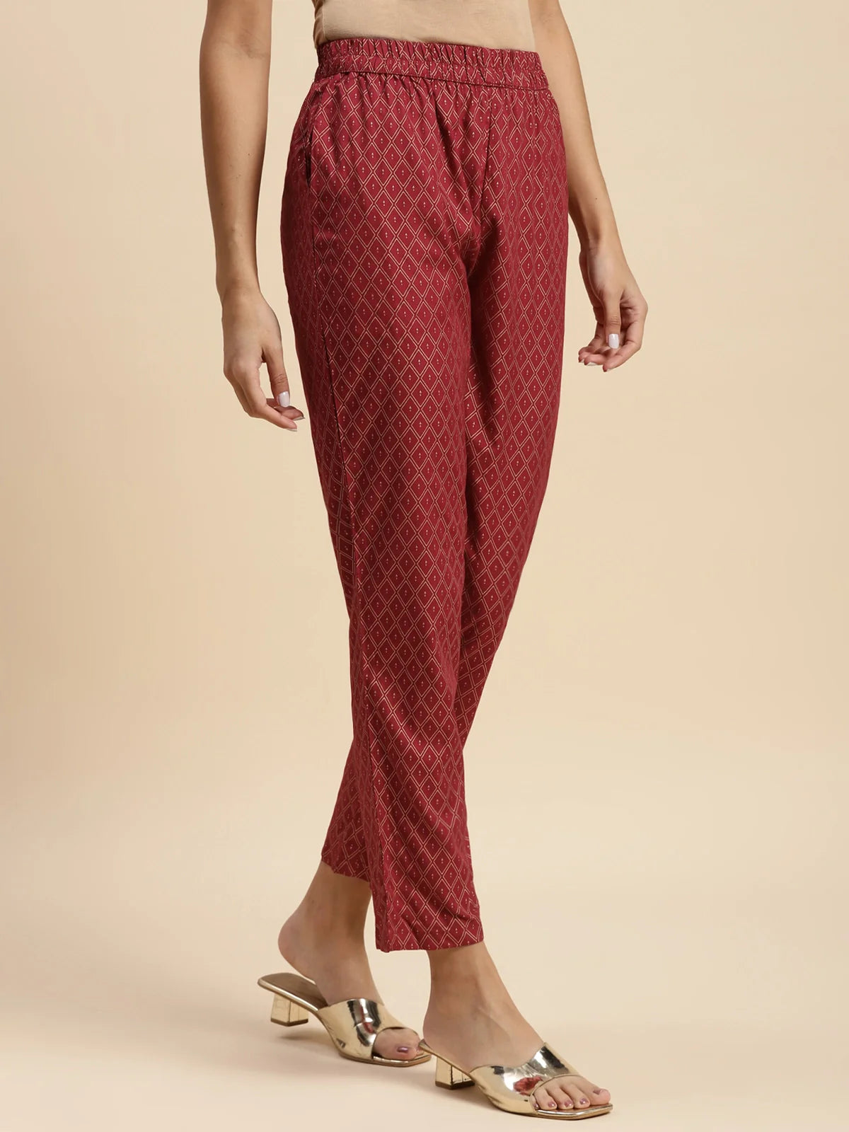 Buy Rayon Gold Printed Ankle Length Straight Pant-Maroon