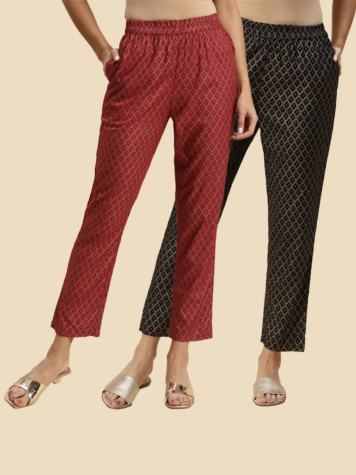 Buy Rayon Gold Printed Ankle Length Straight Pants (Pack of 2)-Maroon & Black