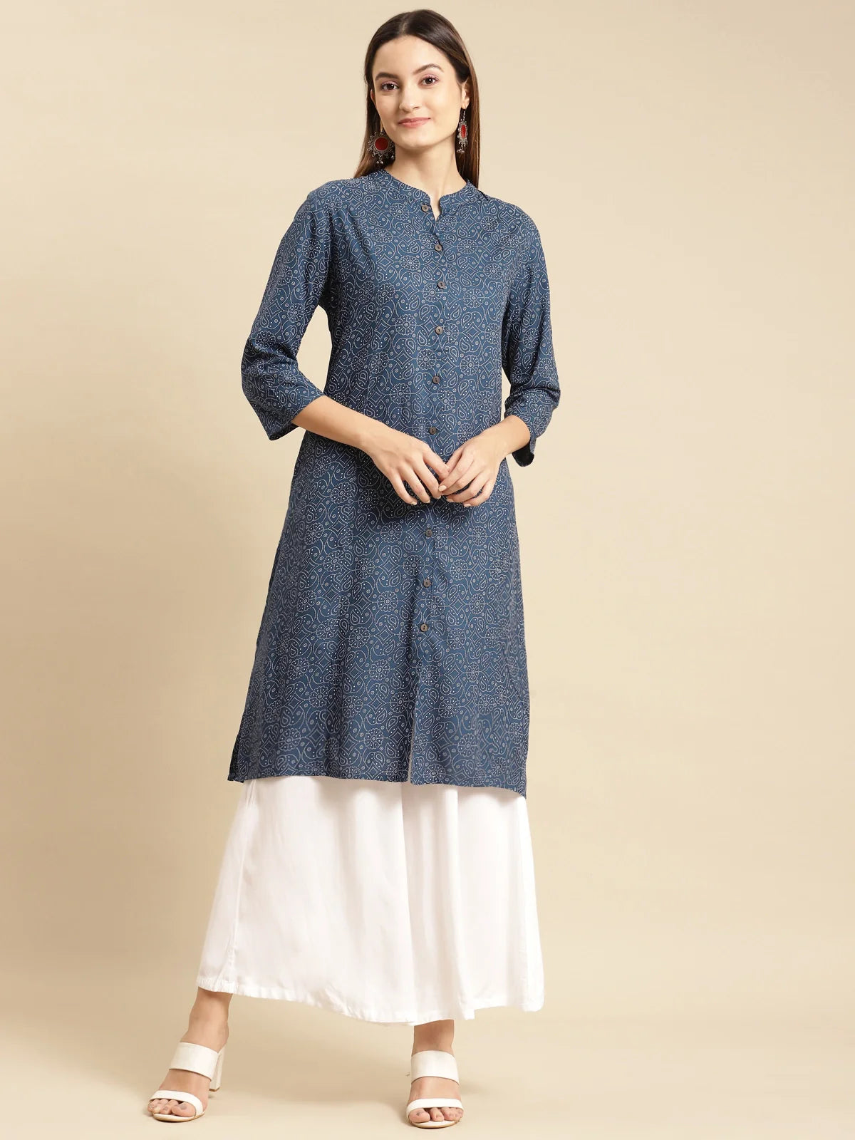 Buy Rayon Tonal Printed Calf Length A-line Kurta-Navy Blue