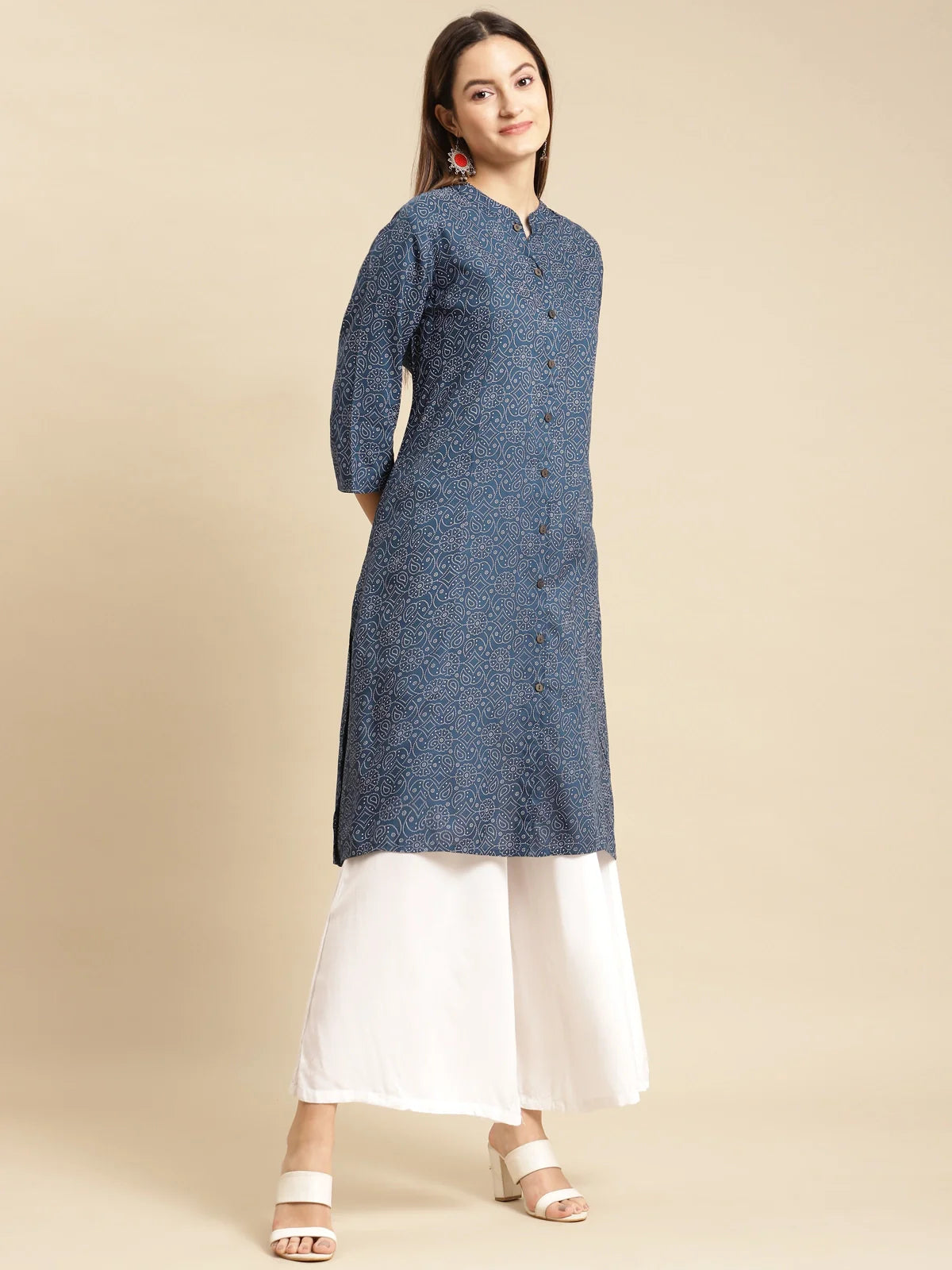 Buy Rayon Tonal Printed Calf Length A-line Kurta-Navy Blue