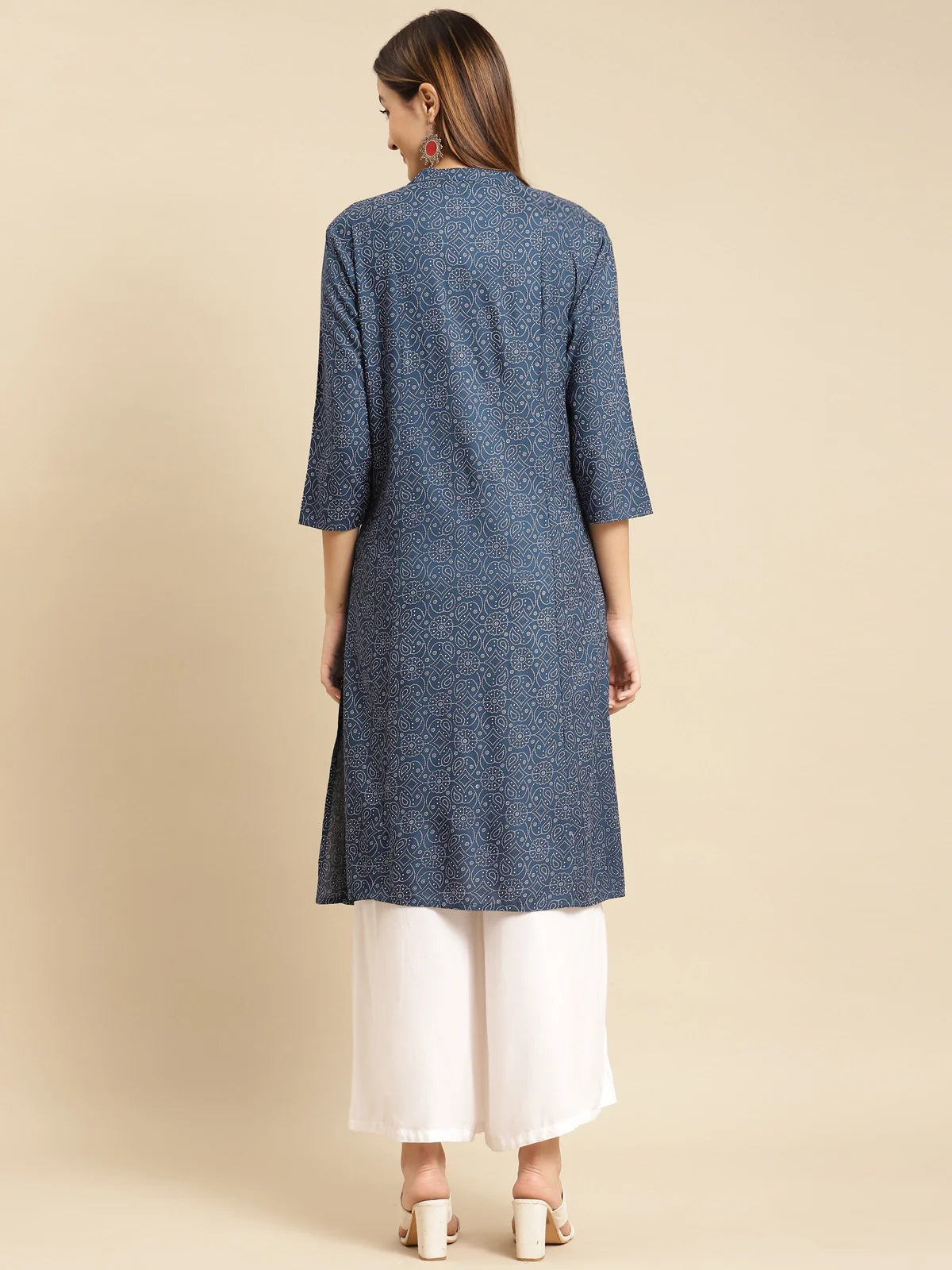 Buy Rayon Tonal Printed Calf Length A-line Kurta-Navy Blue