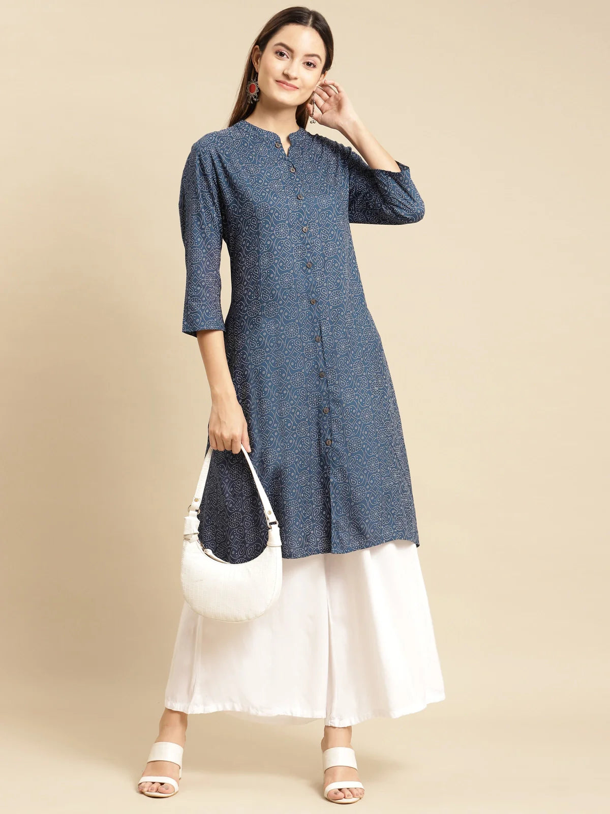 Buy Rayon Tonal Printed Calf Length A-line Kurta-Navy Blue