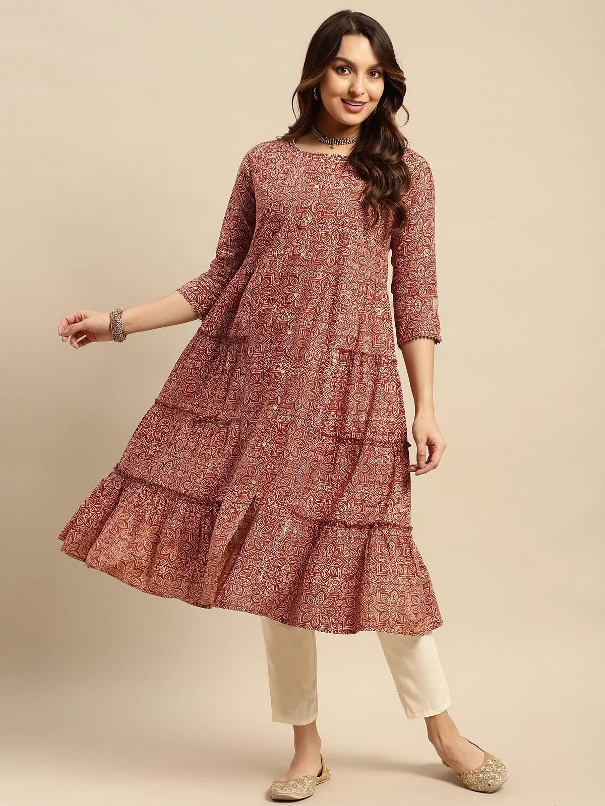 Buy 100% Cotton Tonal Printed Calf Length Tiered Kurta-Rust