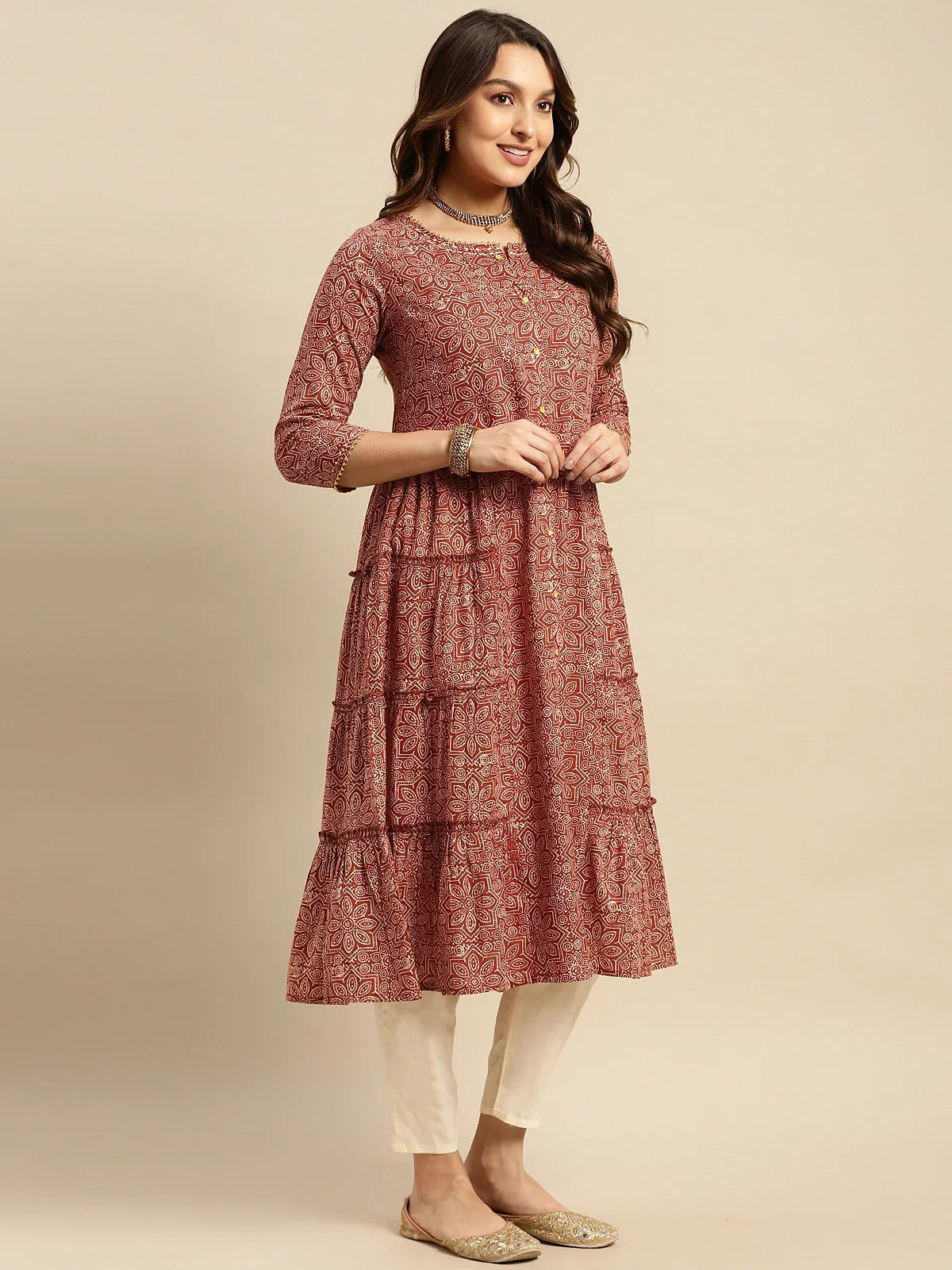 Buy 100% Cotton Tonal Printed Calf Length Tiered Kurta-Rust