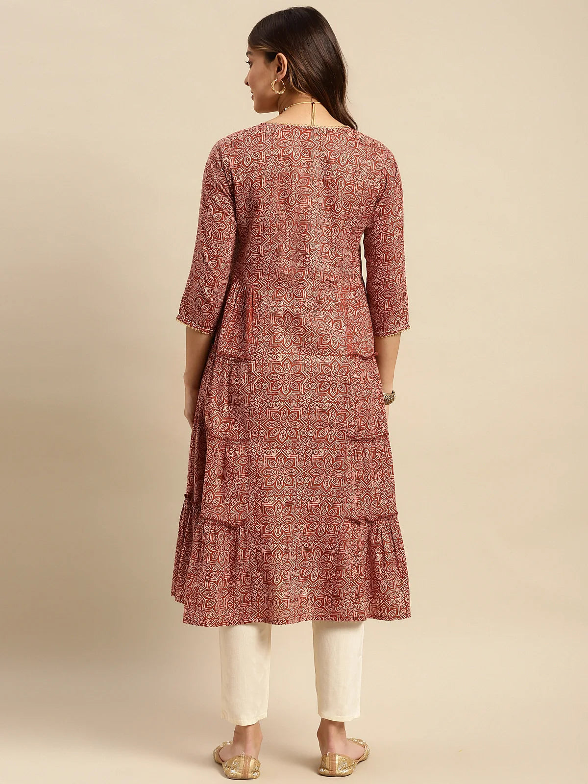 Buy 100% Cotton Tonal Printed Calf Length Tiered Kurta-Rust