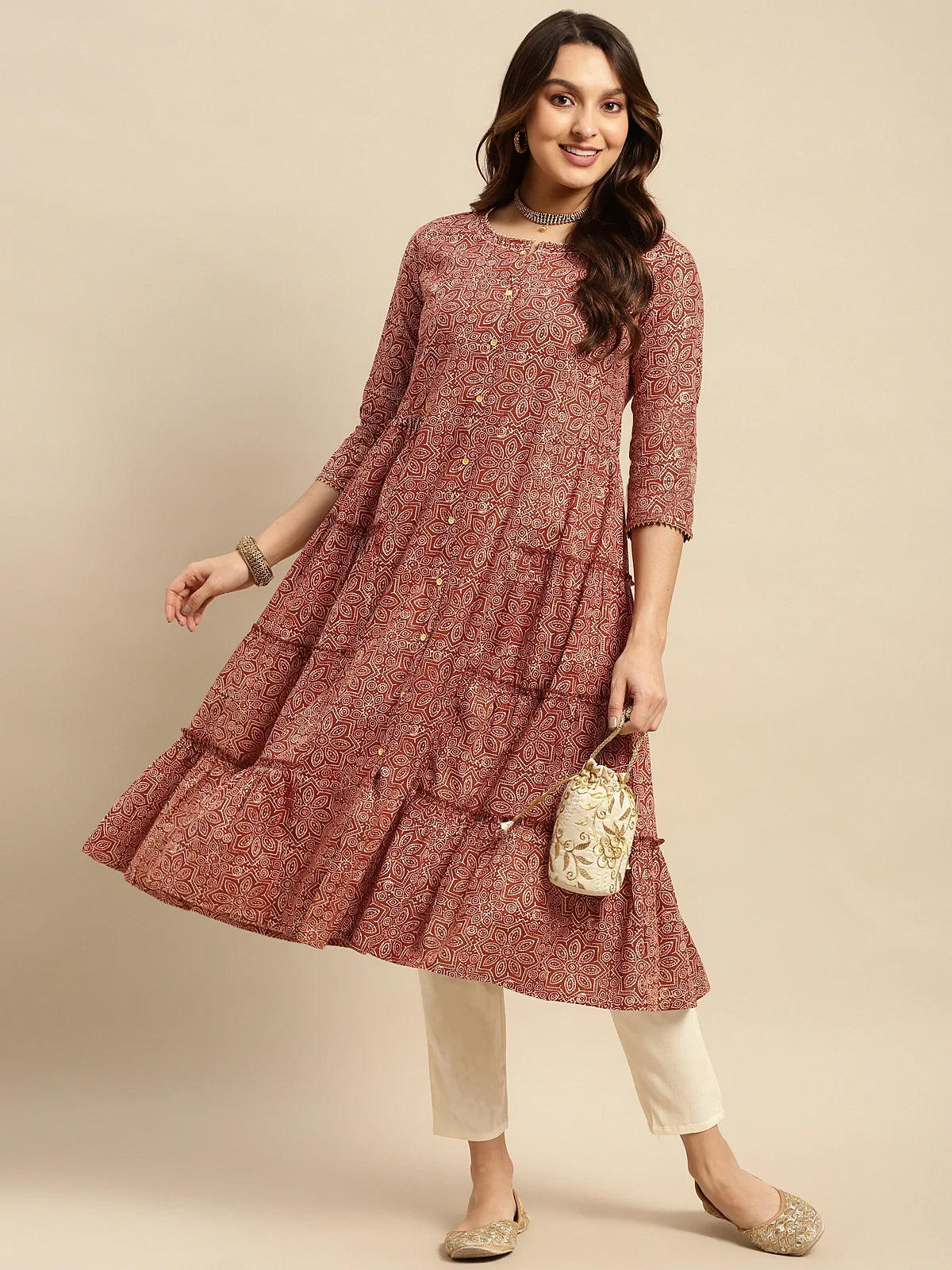 Buy 100% Cotton Tonal Printed Calf Length Tiered Kurta-Rust