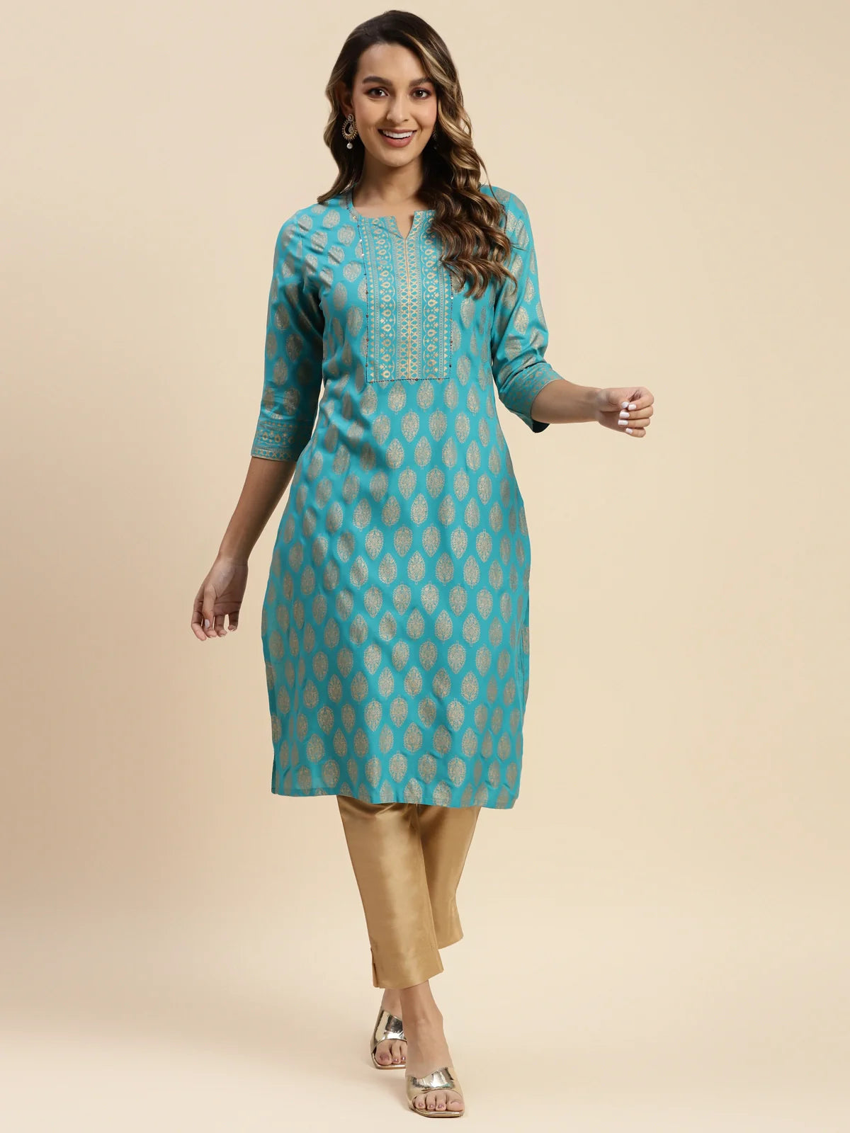 Buy Rayon Gold Printed Knee Length Straight Kurta-Turquoise