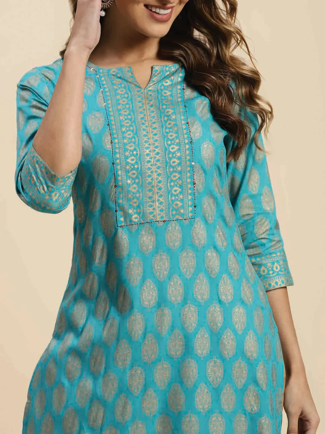 Buy Rayon Gold Printed Knee Length Straight Kurta-Turquoise