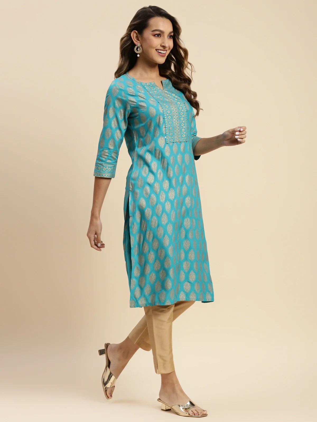 Buy Rayon Gold Printed Knee Length Straight Kurta-Turquoise